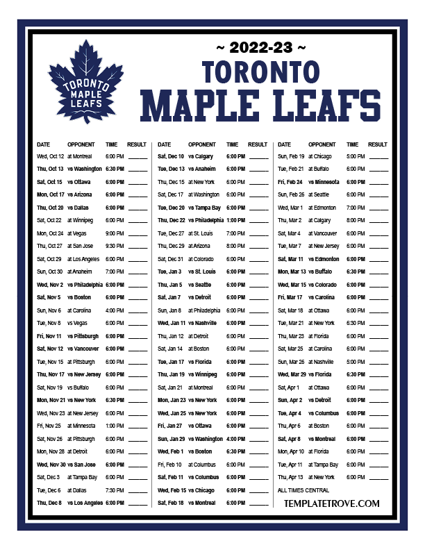 Printable 2022 2023 Toronto Maple Leafs Schedule Printable Leaves