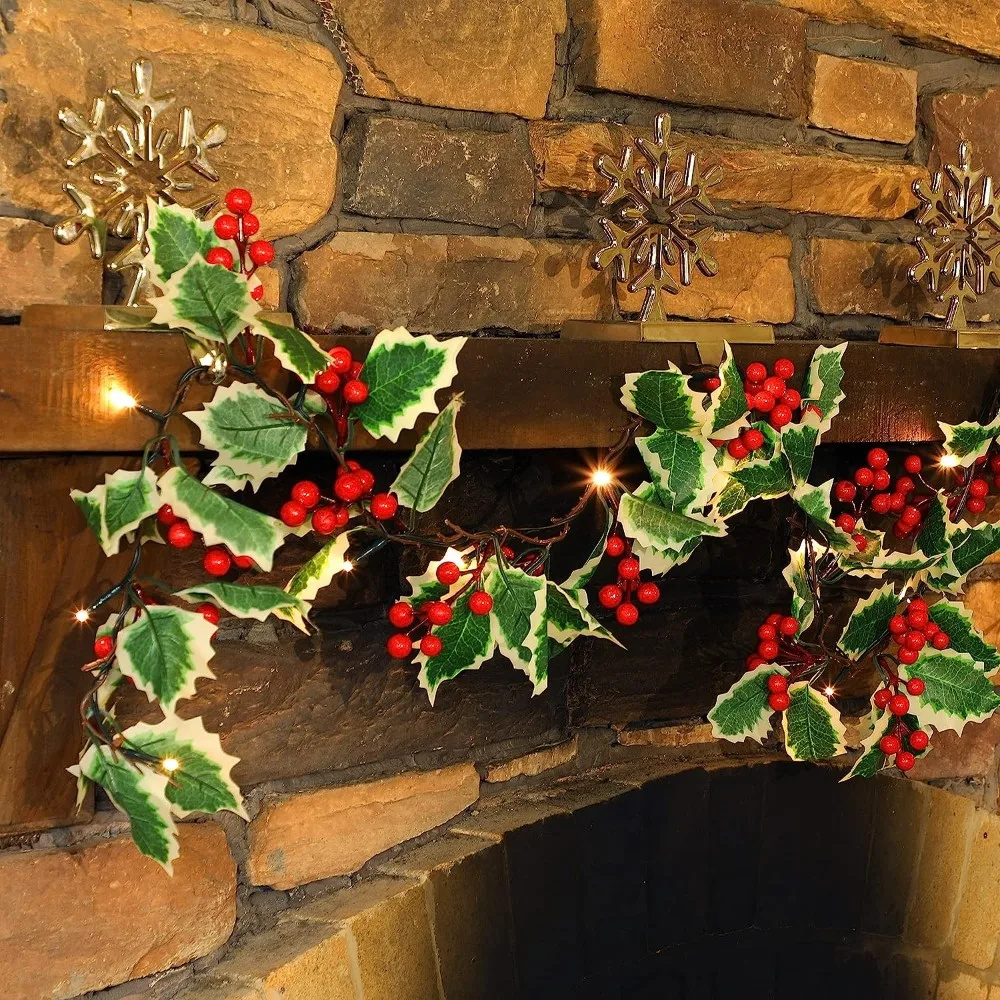 60 Inch Christmas Wreath|Christmas Holly Leaves Vine Garland With Light String - 12Ft Xmas Decor intended for Christmas Garland Leaves