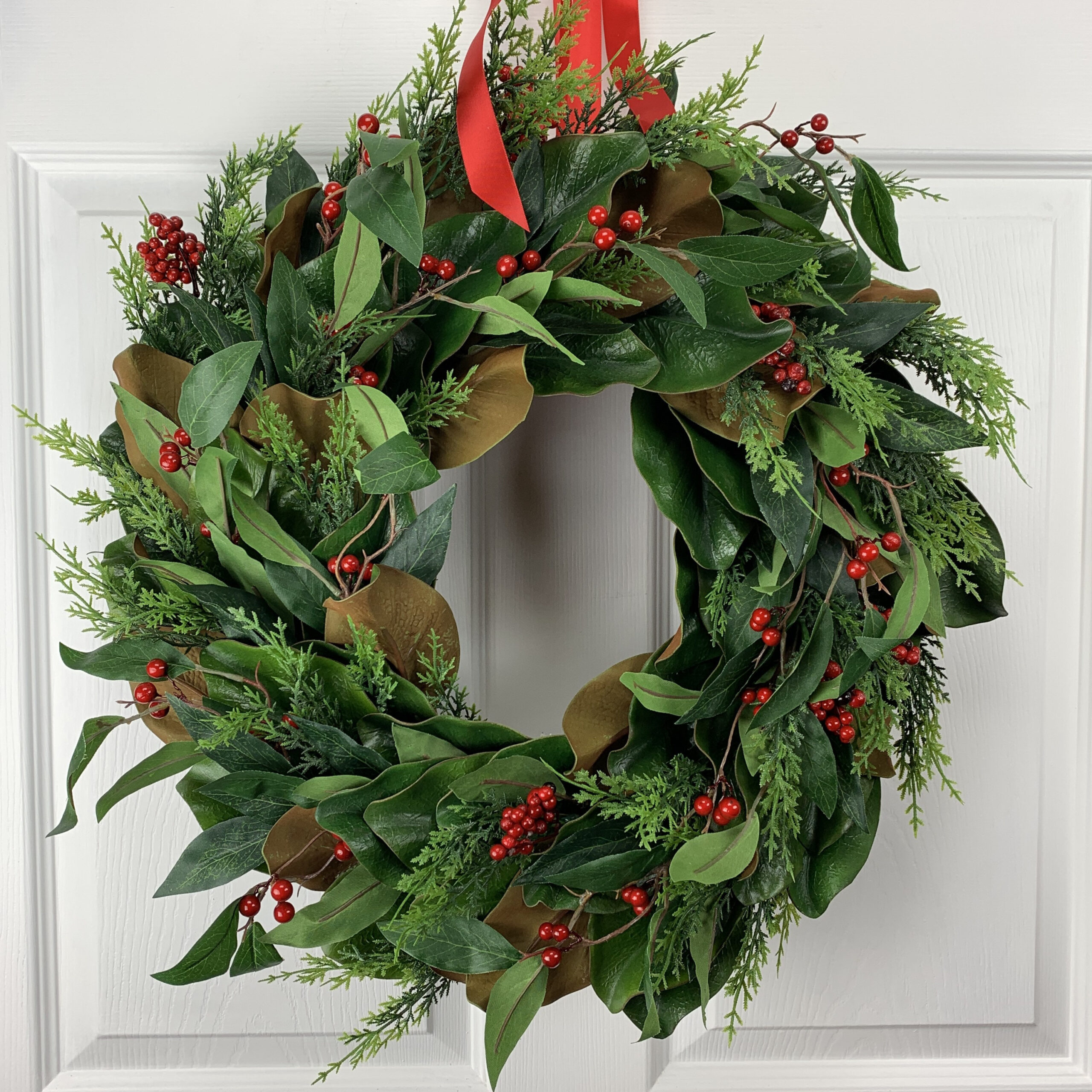 Magnolia Christmas Wreath, Magnolia Leaves, Cedar And Red Berries throughout Christmas Wreath Magnolia Leaves